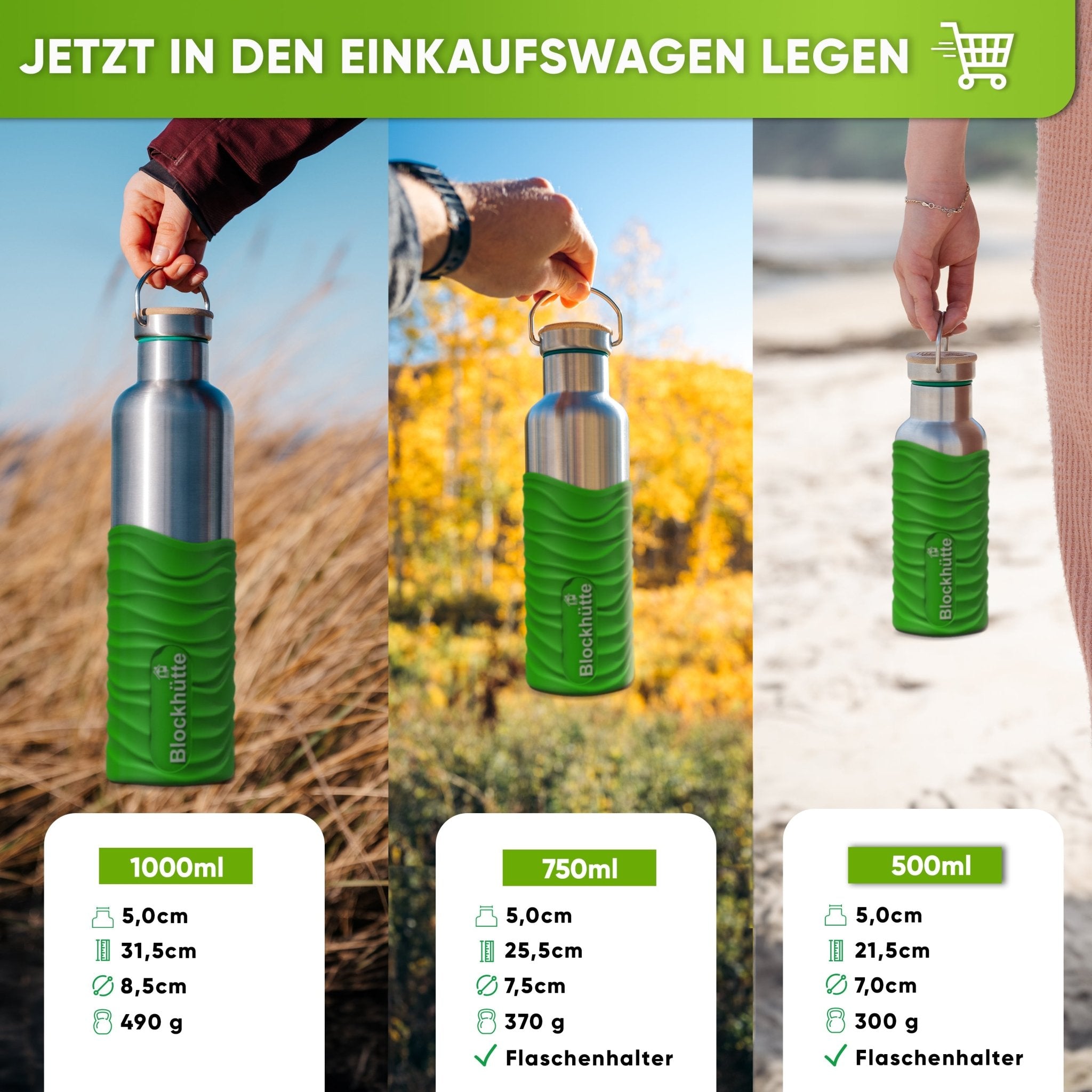 Botella térmica de acero inoxidable con funda de silicona | verde lima | comparación de tamaños