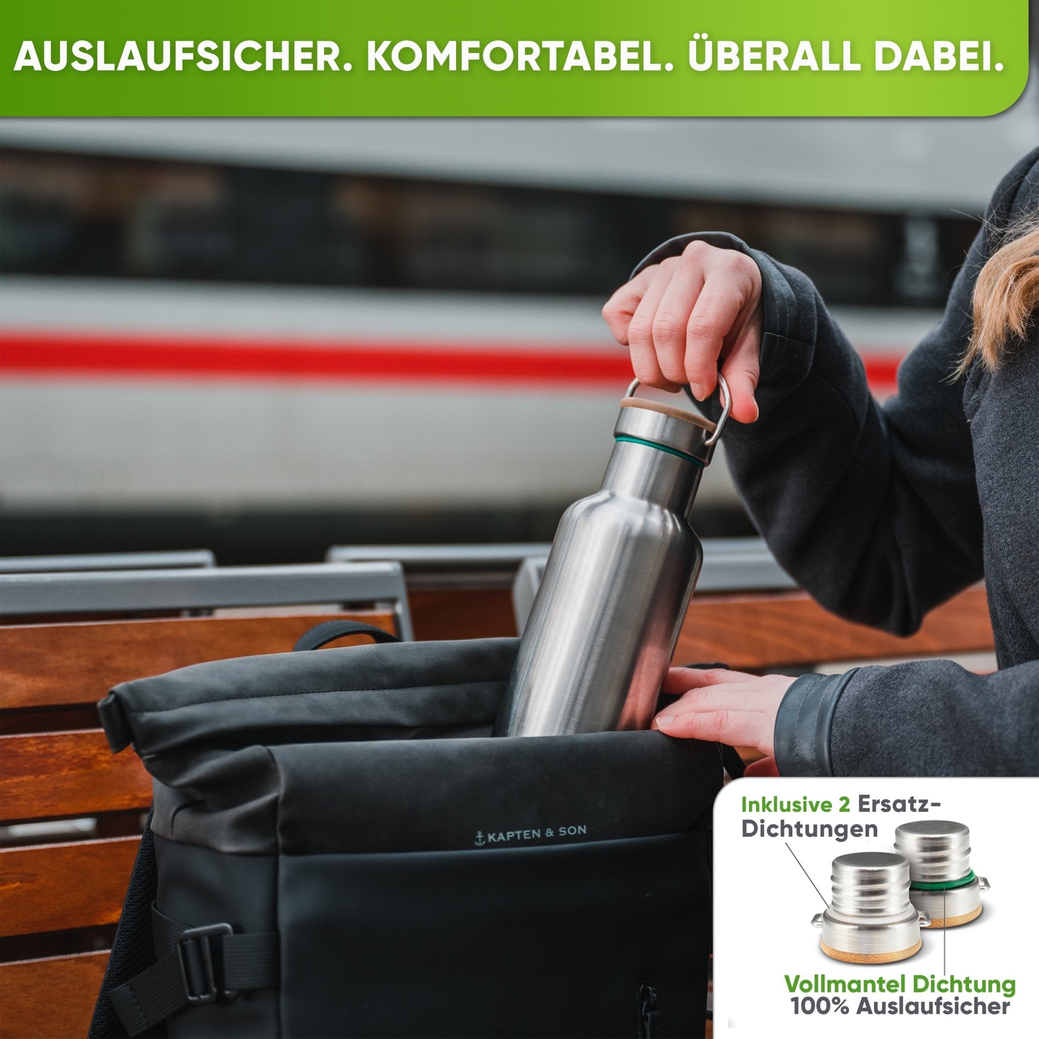 Premium Edelstahl Trinkflasche isoliert mit Silikonmantel - Blockhütte - BH0007-BLAU