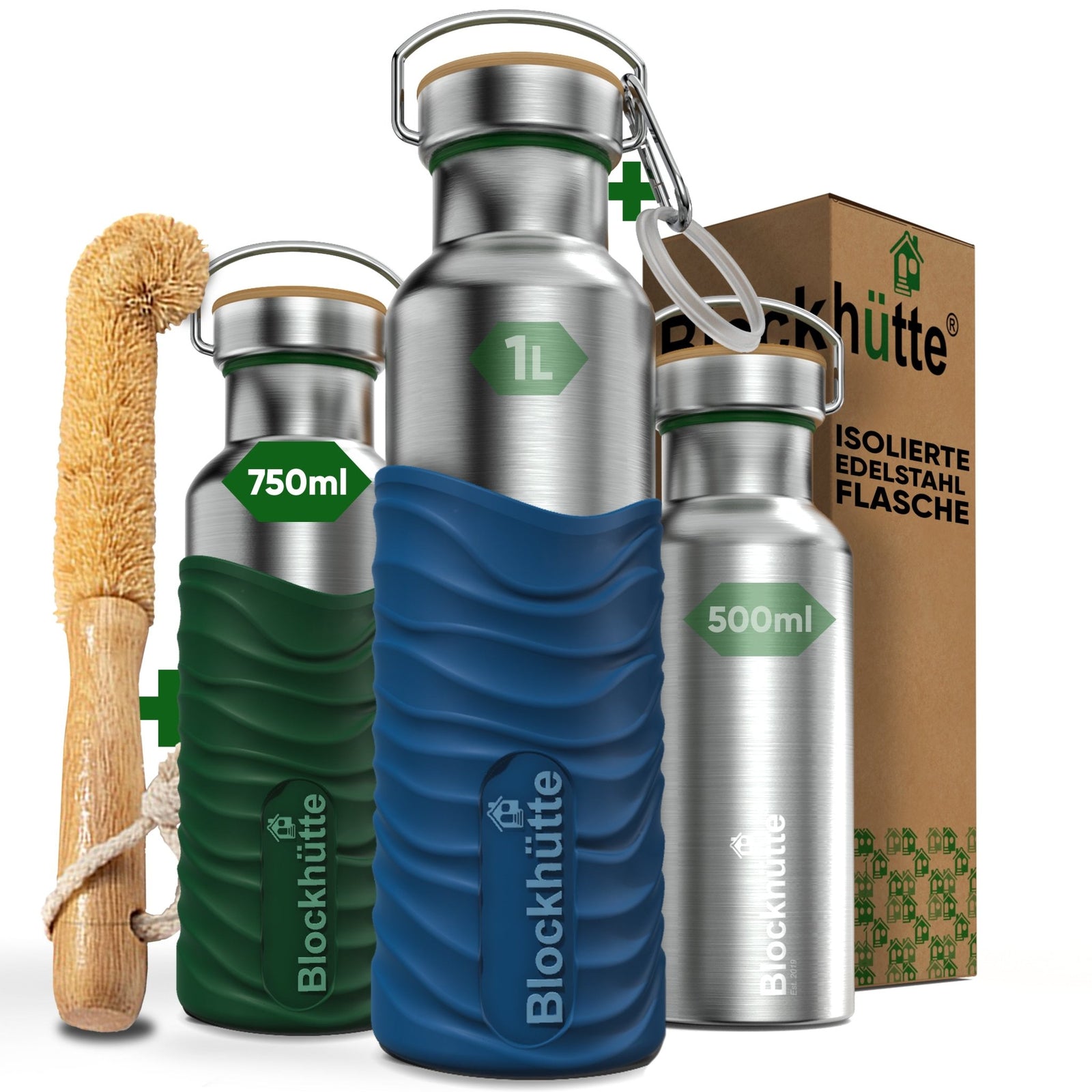Premium Edelstahl Trinkflasche isoliert mit Silikonmantel | 750ml | Dunkelgrün