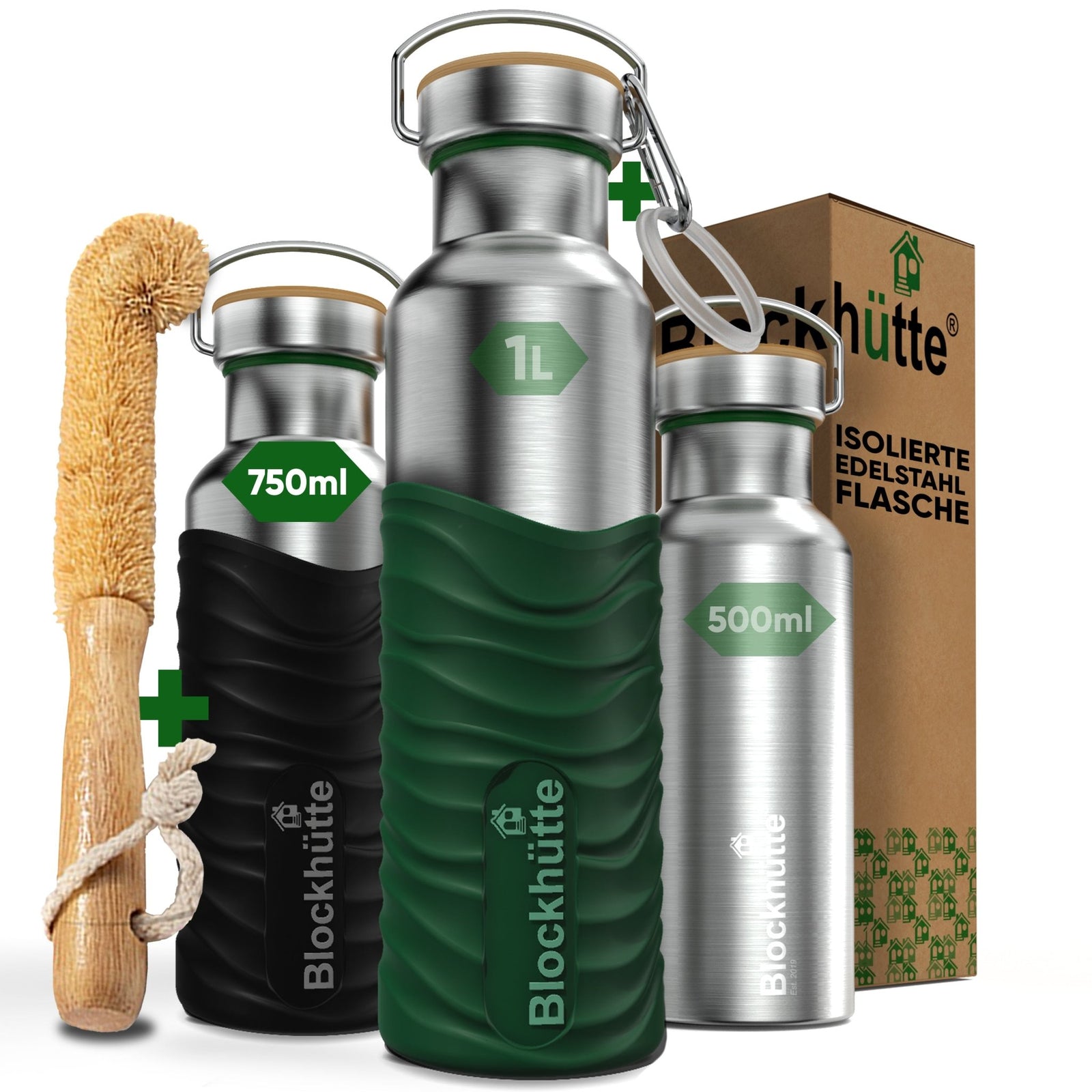 Premium Edelstahl Trinkflasche isoliert mit Silikonmantel | 750ml | Dunkelgrün