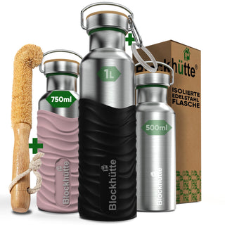 Premium Edelstahl Trinkflasche isoliert mit Silikonmantel | 750ml | Schwarz