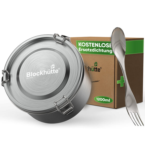 Runde Lunchbox aus Edelstahl mit Dichtung & Löffel - Blockhütte - BH0029